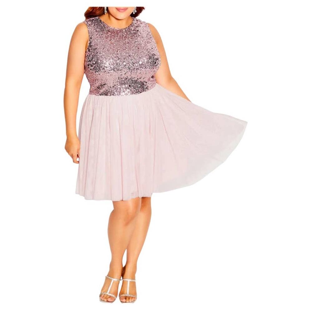 City Chic dress Shine Bright sequin fit & flare pink size S 16